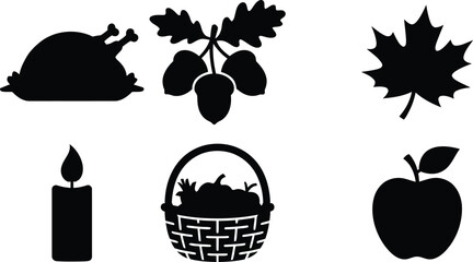 Set of autumn harvest and thanksgiving food icons featuring turkey apple basket leaves acorn candle vector silhouette illustration bundle collection © SADRE