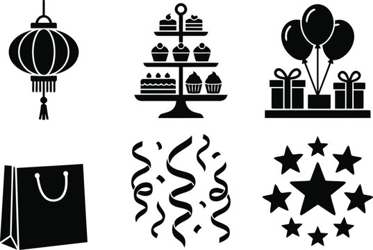 Party celebration icon set with lantern cupcake stand balloons gift box shopping bag confetti streamers stars vector illustration design collection isolated elements