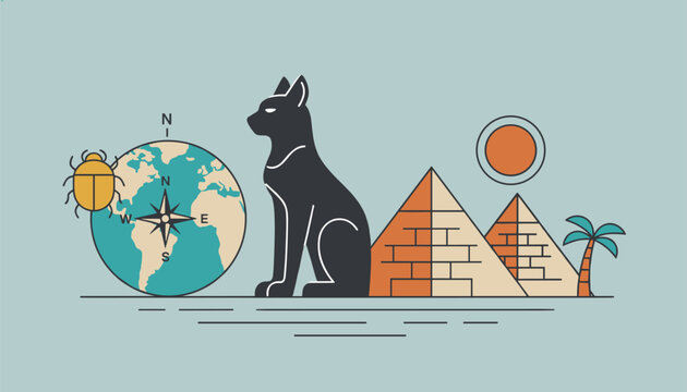 Egyptian themed flat design illustration featuring pyramids, a black cat statue, a globe compass, and a scarab beetle.