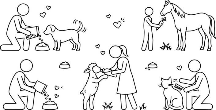 Domestic animal care line icon set showing feeding domestic pets horse cat dog lamb farming vector illustration