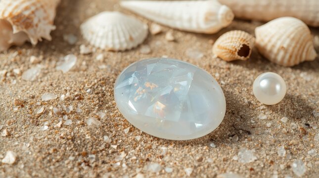 Faceted opalite gemstone resting on sandy beach shoreline surrounded by natural seashells and a shiny white pearl for a coastal luxury concept background
