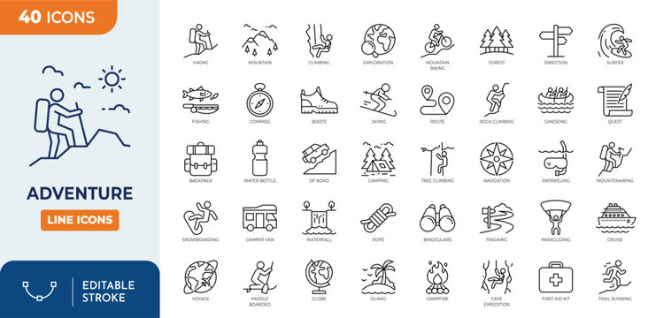 Adventure line editable icon set. Contain icons related to Adventure, Journey, exploration, hiking, camping, snorkeling, climbing, travel and  more. Editable stroke. Vector illustration