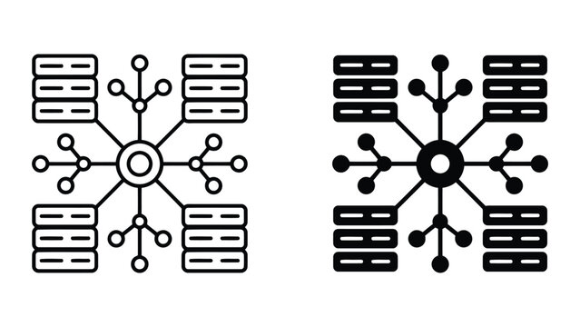 Centralized network hub server icon set with connection technology computing