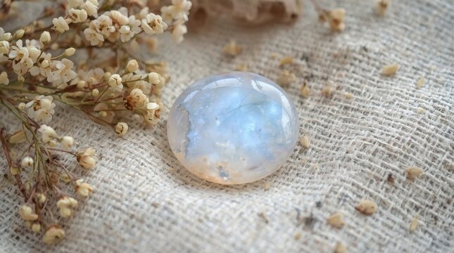 Polished moonstone gemstone resting on rustic linen fabric with delicate dried flowers for a calming boho aesthetic and spiritual healing decor concept