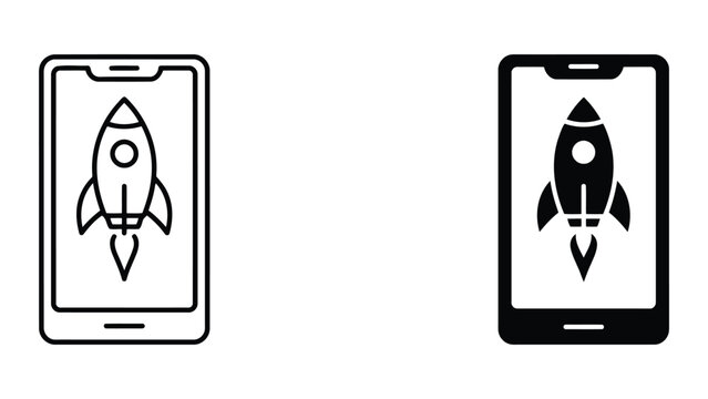 Mobile app launch and performance icon set with performance, smartphone