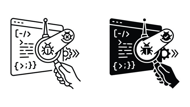 Software bug debugging and code analysis icon set with debugging, software