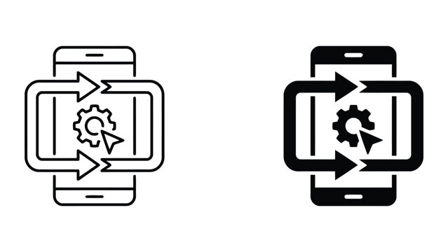 Mobile app update and process sync icon set with smartphone settings business