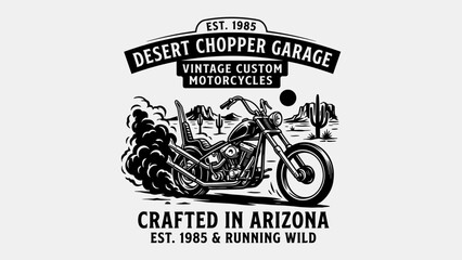 Vintage Custom Chopper Motorcycle Desert Garage Arizona Landscape Illustration with Burnout Smoke for T-shirt Design Print and Apparel Merchandise © Rizalivn