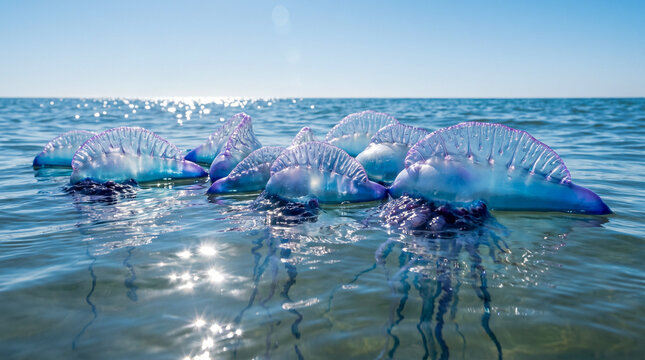 Varias Physalia physalis flotando juntas sobre aguas tranquilas del oc&eacute;ano bajo una intensa luz solar. Colores vibrantes, composici&oacute;n natural, fotograf&iacute;a cient&iacute;fica, m&aacute;xima resoluci&oacute;n.