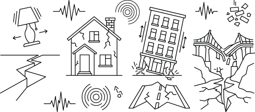 Earthquake natural disaster destruction hazards with cracked house collapsing building and broken bridge icons