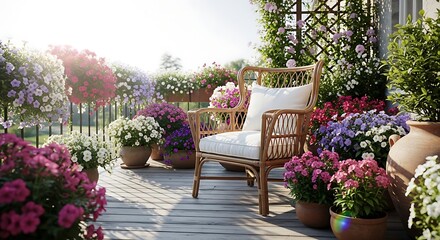 Fototapeta premium A sunny outdoor patio with a wicker chair surrounded by numerous colorful potted flowering plants and a wooden deck.