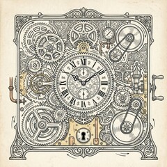 Naklejka premium A steampunk-style illustration of a clockwork mechanism with gears and cogs