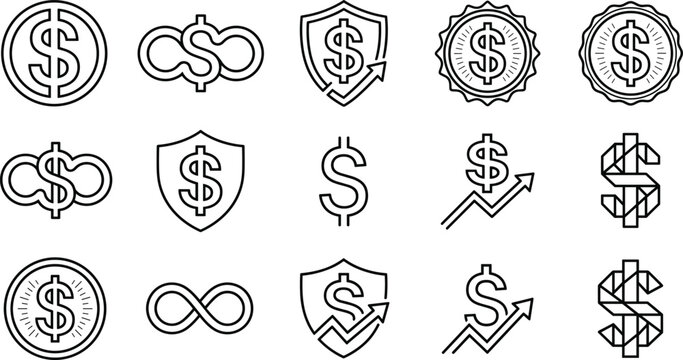Financial growth and money protection dollar sign icons set with shield coin infinity arrow vector line art