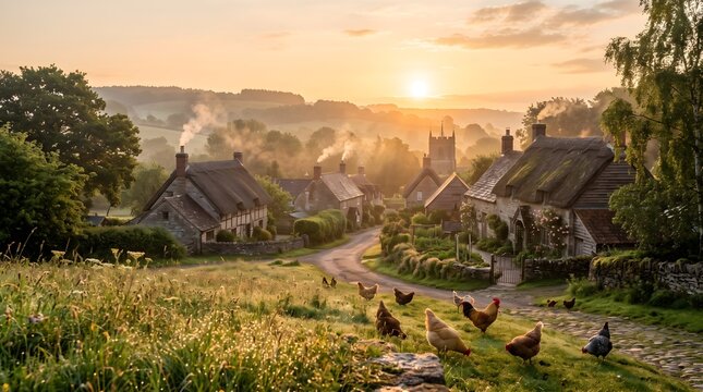 A picturesque countryside village at sunrise featuring traditional cottages, winding rural roads, and free-range chickens grazing on lush green grass. Warm golden morning light, gentle mist, and smoke