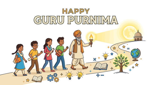HAPPY Guru Purnima celebration with a wise guru leading students on a path of knowledge and enlightenment