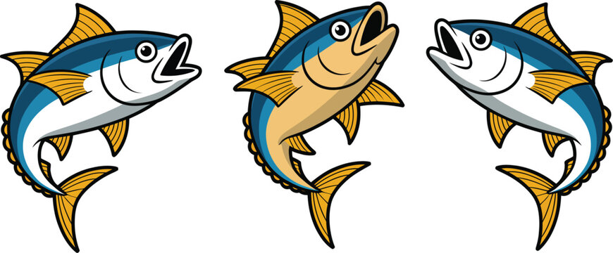 Cartoon tuna fish illustration set with dynamic swimming poses, seafood branding, fishing logos, marine ocean theme, editable, vector, designs.