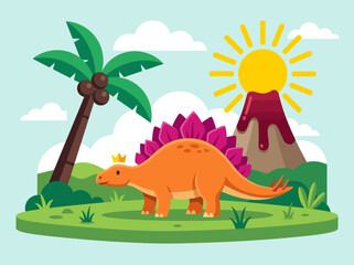 Cute Stegosaurus King Cartoon with Volcano and Palm Tree Flat Vector © Godel
