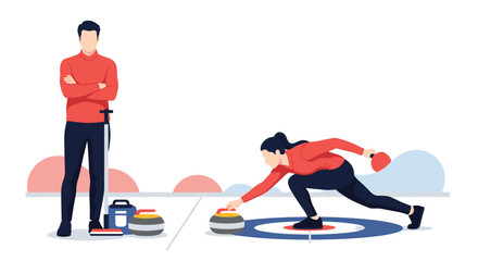 Fototapeta premium Female athlete slides a curling stone toward the target while a teammate observes the play on an indoor ice rink during practice.