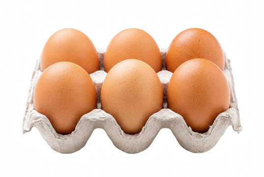Half a dozen fresh brown chicken eggs in a cardboard carton