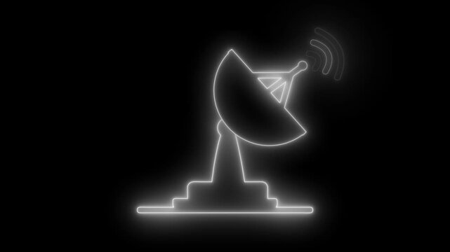 Glowing outline of a satellite dish antenna on a black background, showing a simple communication symbol with a modern digital look animation