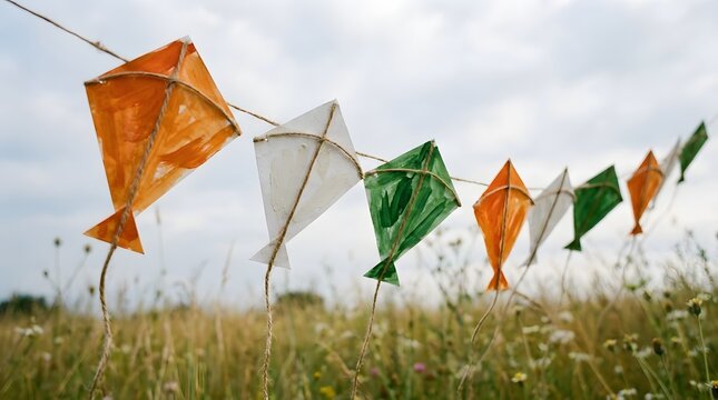 Independence day india colorful kite decorations in a field of tall grass and flowers on a cloudy day outdoors