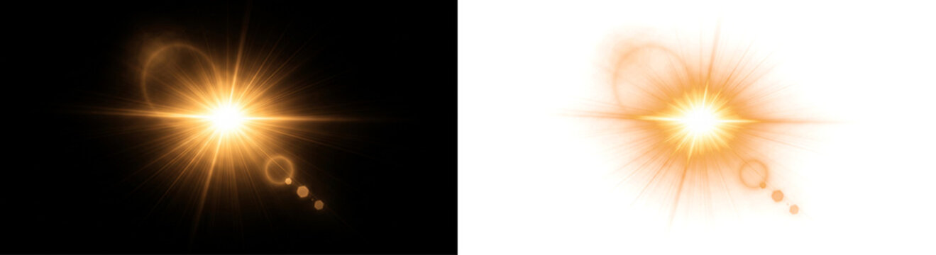 Gold sun light flare effect isolated on transparent background glowing star burst lens flare rays sparkling twinkle bokeh lights warm illumination bright radiance glow