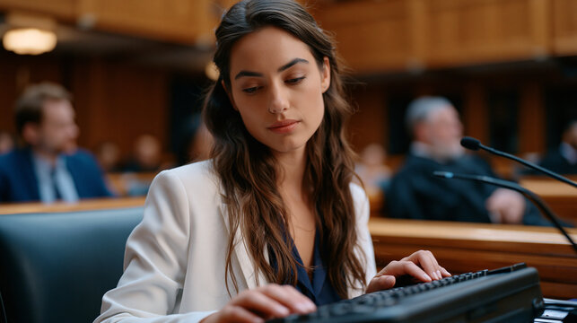 Court stenographer leans forward over steno machine in packed federal courtroom, attorney mid-argument, judge visible on bench, legal transcript documentation, judicial system professional services,