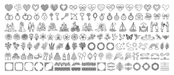 Extensive collection of wedding ceremony icons and romance symbols featuring hearts rings floral decor and love themed graphic elements ceremony marriage ornaments invitation celebration © Designer Pac 2