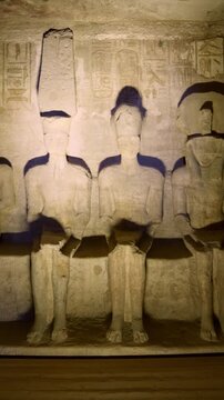 Ancient Egyptian wall statues with detailed hieroglyphs and ritual scenes inside the Abu Simbel Temple, revealing sacred art, mythology, and preserved history. Egypt.