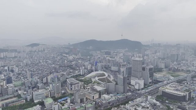 Aerial Drone View of Jongno Cityscape near Dongmyo Station and DDP Dongdaemun Design Plaza in Seoul, South Korea