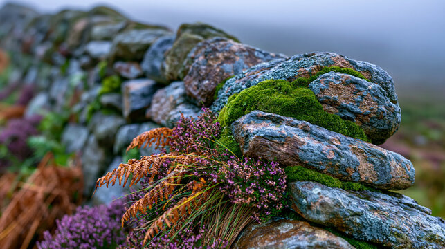 Dry stone wall spanning fog-shrouded upland moorland at dawn, freshly repaired section visible from moss-covered weathered original, no human figures, landscape detail showing craft permanence, trad