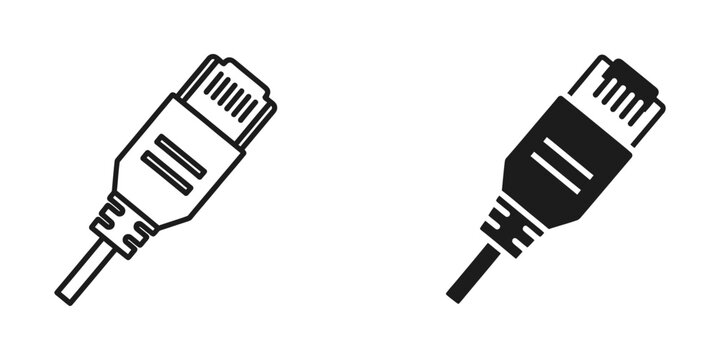 Ethernet network cable connector set in outline and solid black styles for internet and data connectivity