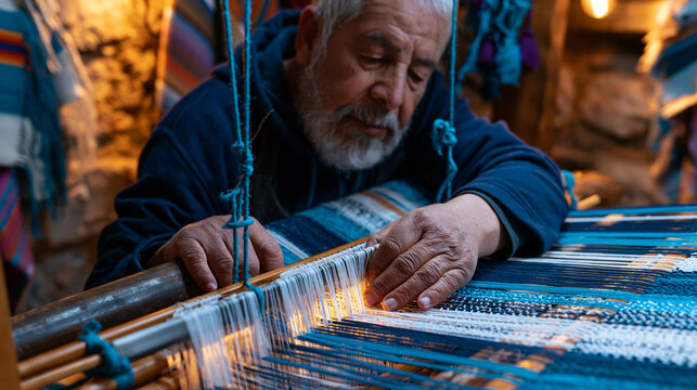 Elderly master weaver in candlelit highland studio bends over centuries-old floor loom, calloused fingers threading weft through warp, autumn harvest textiles draped across rough stone walls, back-t