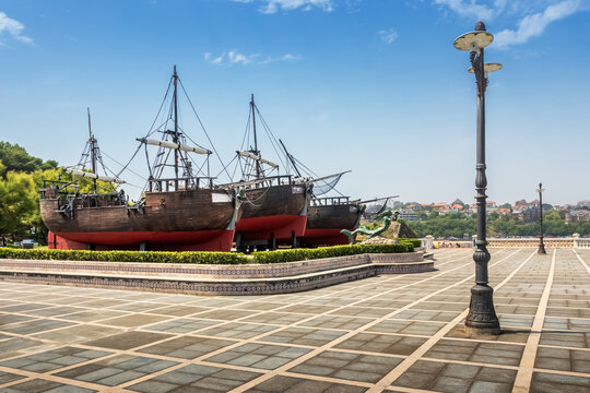 Santander, Spain - July 29, 2024: Three galleons at the Muelle de las Carabelas on the Magdalena peninsula in Santander, Spain.