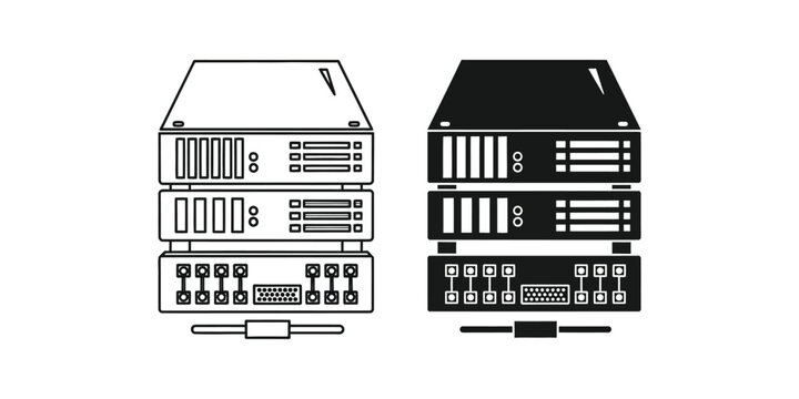 Network server rack units set featuring stacked data hardware components in linear and solid black style