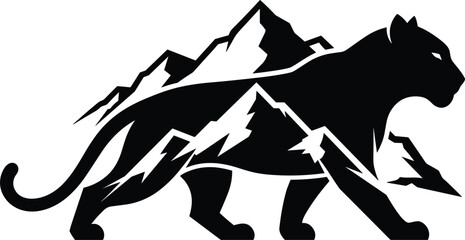 Black Panther Silhouette with Mountain Peak Double Exposure Design for Wildlife Logo, Outdoor Adventure Brand, Nature T-Shirt, and Animal Vector Art © Lcpl