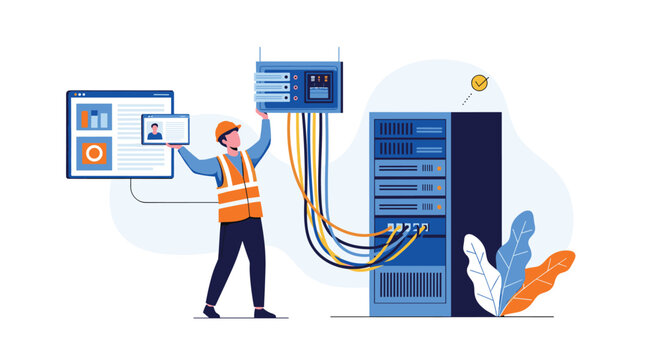 Technical worker in an orange safety vest and helmet uses a tablet while checking cables in a blue data center server rack.