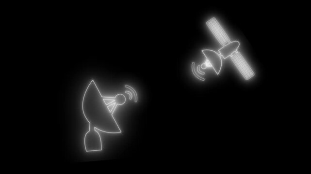 Glowing satellite and dish antenna icons on black background, showing wireless communication animation