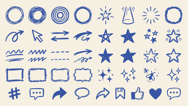Hand drawn blue doodle icon set with arrows stars circles frames and speech bubbles vector graphic elements