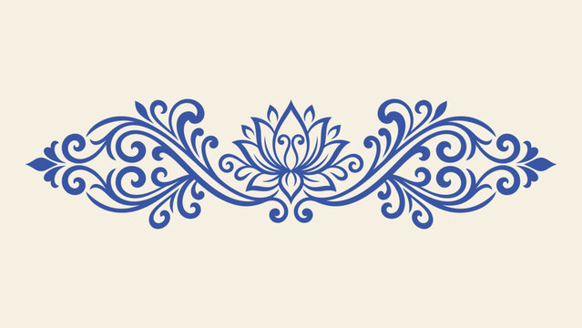 Blue lotus flower vector ornament with elegant floral swirls and symmetrical filigree divider on cream background