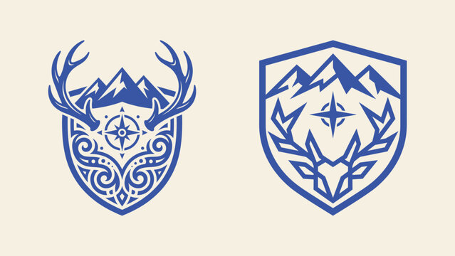 Vector mountain and deer antler shield emblems with compass and star elements for outdoor adventure logo design