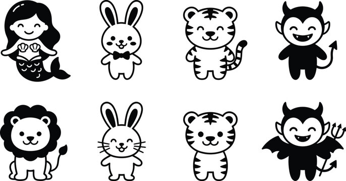 Set of cute cartoon animal and character icons in black and white