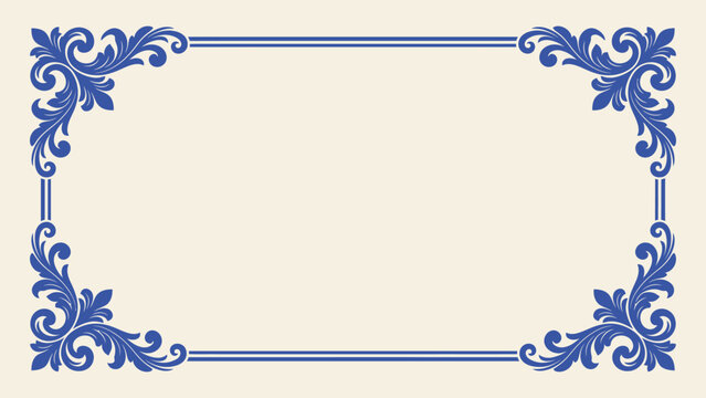 Blue vintage ornamental vector frame with baroque corner scrolls on cream background for certificate or invitation design