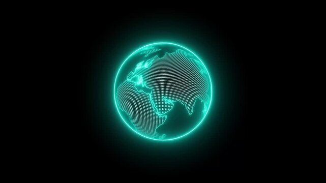 Glowing digital globe made of dots and lines on a black background, showing a modern world map sphere with a clean futuristic look animation