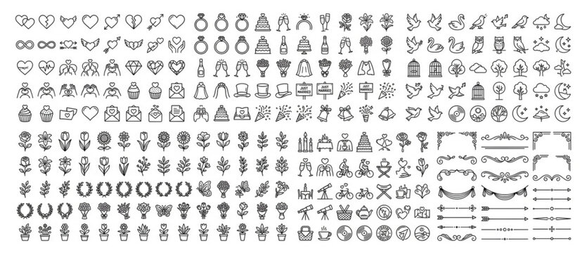 Extensive library of wedding and romance themed line icons and decorative ornaments with marriage ceremony invitation illustration collection ornament decorative branches celebration