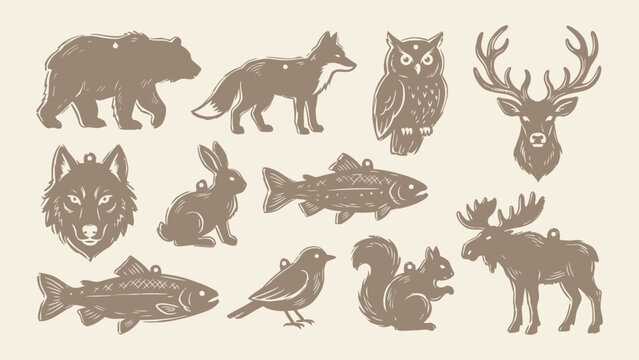 Vintage forest animal ornaments vector set with bear deer wolf fox owl rabbit squirrel moose bird and fish icons for rustic design