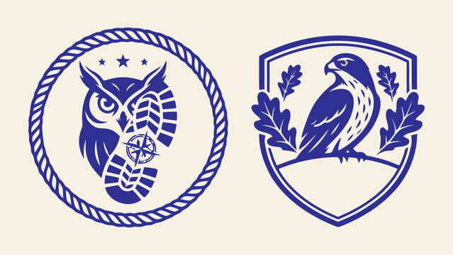 Vector outdoor adventure emblems featuring owl with boot footprint and falcon with oak leaves in shield and circle frames for scouting logos
