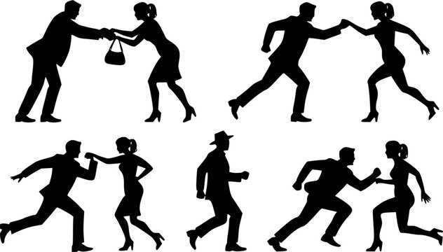Black silhouette street crime and self defense action icon set featuring a purse snatcher mugger, couples running away, a criminal escaping, and suspect chase vectors.