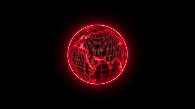 Glowing wireframe globe of the earth on a black background, showing a digital world map and global connection concept animation