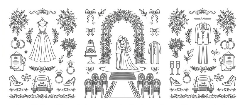 Detailed wedding scene illustration with bride groom arch and bridal elements hand drawn vector graphics marriage ceremony illustration invitation celebration engagement decorative